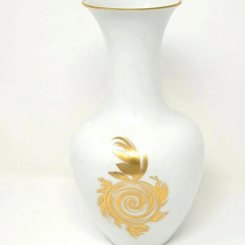 Vintage 1960s Hutschenreuther Germany White Gold Motif & Rim Vase Backstamp 10